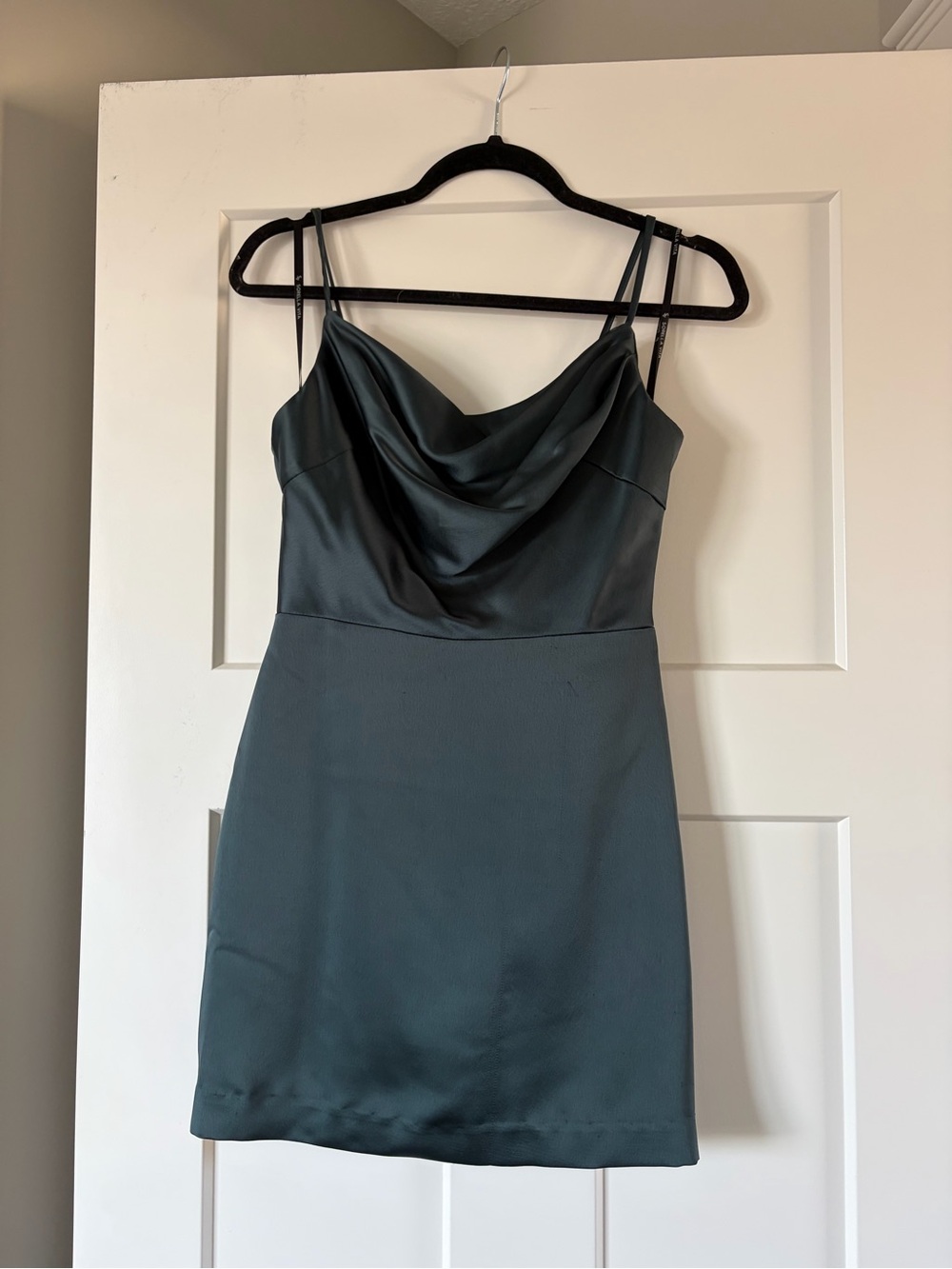 SORELLA VITA Satin Cowl Neck Mini Dress in Deep Teal